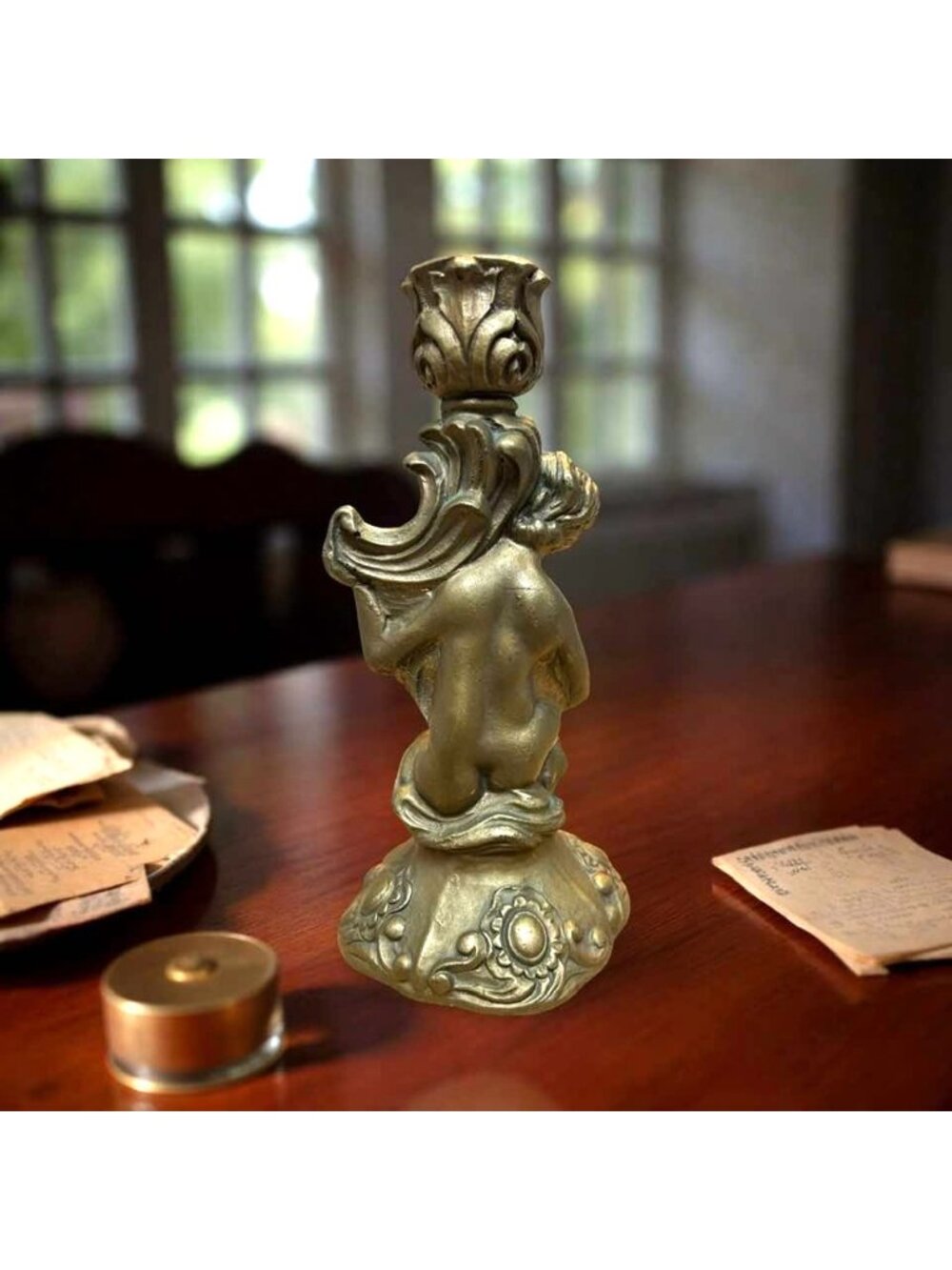 Vintage Homco Gold Resin Cherub Candle Holder 7.5" Ornate Design Decorative Acce - Picture 2 of 3